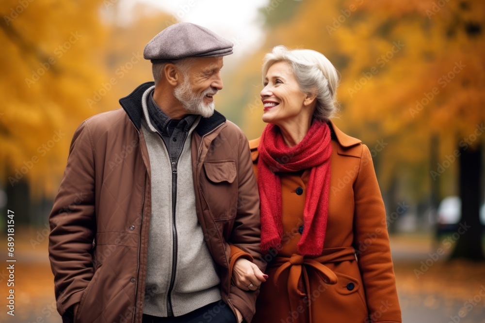  old couple walking in autumn  park