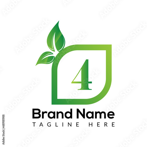 Eco Logo On Letter 4 Template. Eco On 4 Letter, Initial Eco, Leaf, Nature, Green Sign Concept	