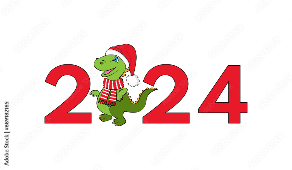 Happy new year greeting card 2024 with cute dragon. Zodiac cartoon character. dragon. Vector