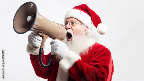 Santa claus screaming into a loudspeaker on an empty white background