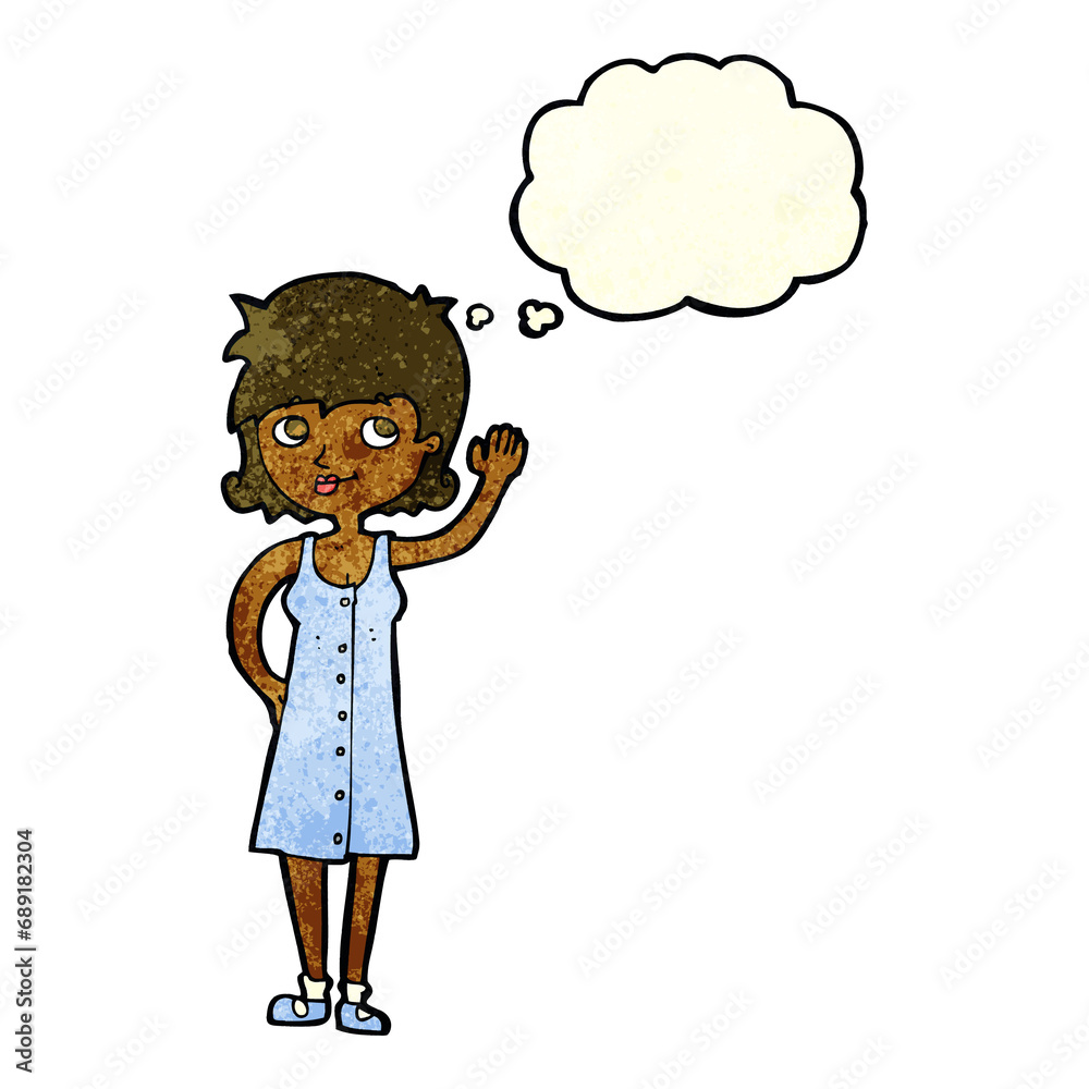 cartoon pretty woman waving with thought bubble cartoon pretty woman waving with thought bubble