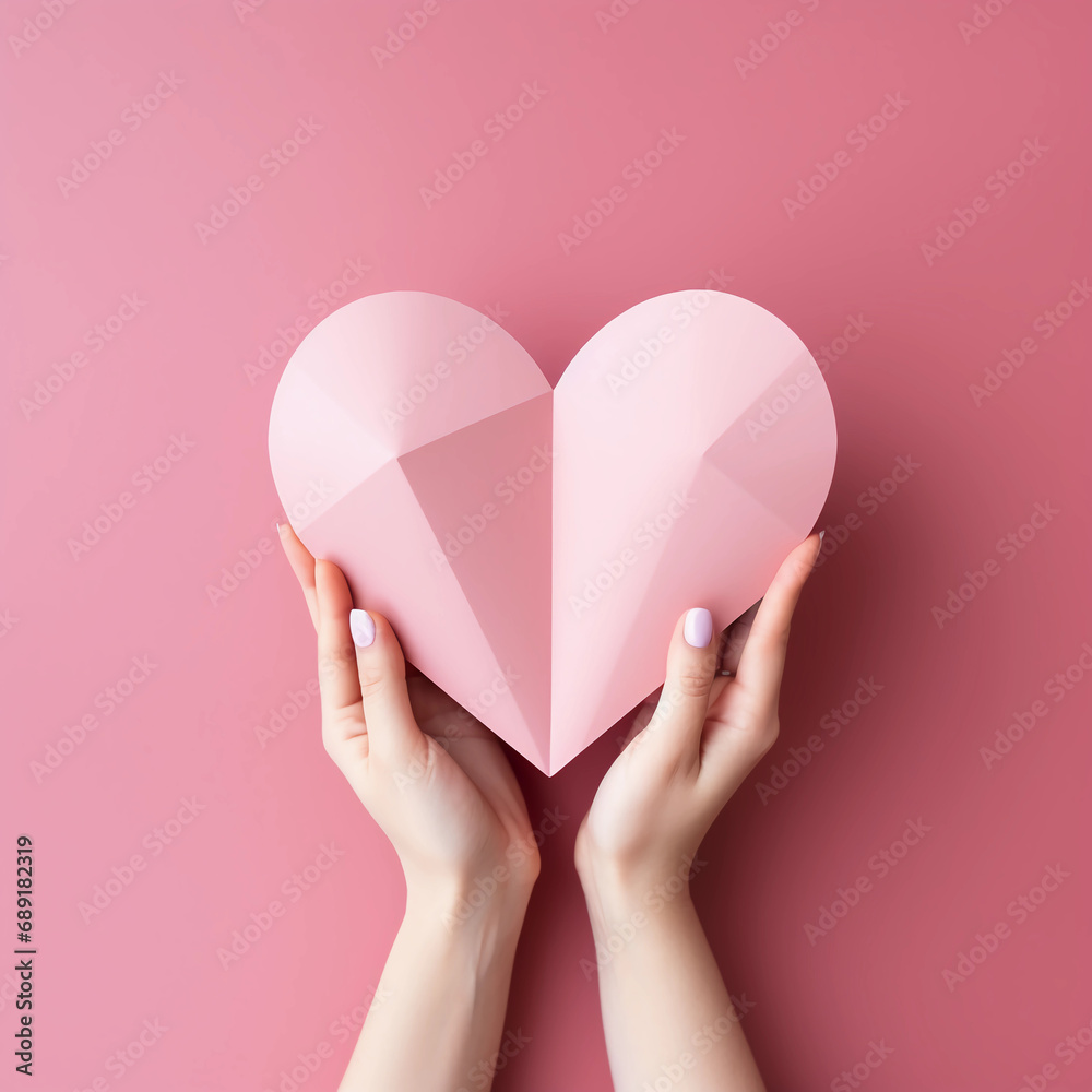 Woman hands holding pink paper heart shape for Happiness moment, Health care, Birthday card, Anniversary, Donate, Hope, Kindness, Valentine's day concept, Generative AI. Woman hands holding pink paper heart shape for Happiness moment, Health care, Birthday card, Anniversary, Donate, Hope, Kindness, Valentine's day concept, Generative AI.
