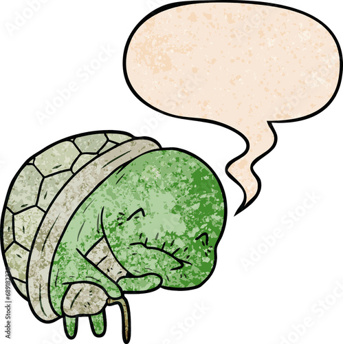 cute cartoon old turtle with walking stick with speech bubble in retro texture style