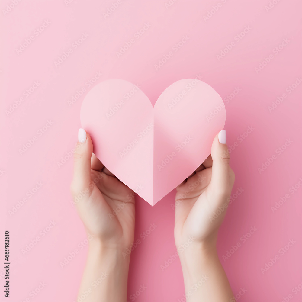 Woman hands holding pink paper heart shape for Happiness moment, Health care, Birthday card, Anniversary, Donate, Hope, Kindness, Valentine's day concept, Generative AI.