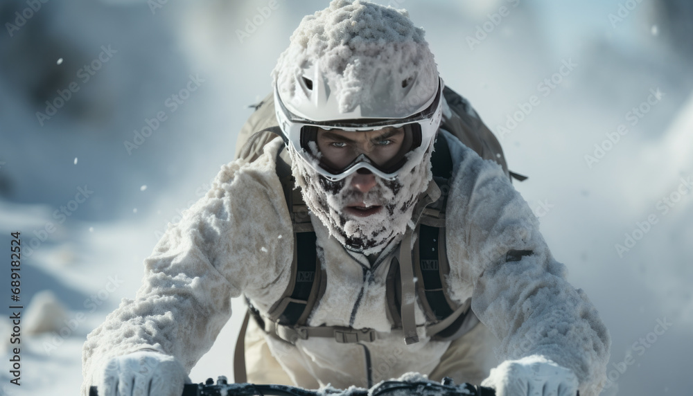 Snow-covered cyclist in white winter landscape, helmet and jersey blending with snow. Snow-covered cyclist in white winter landscape, helmet and jersey blending with snow.