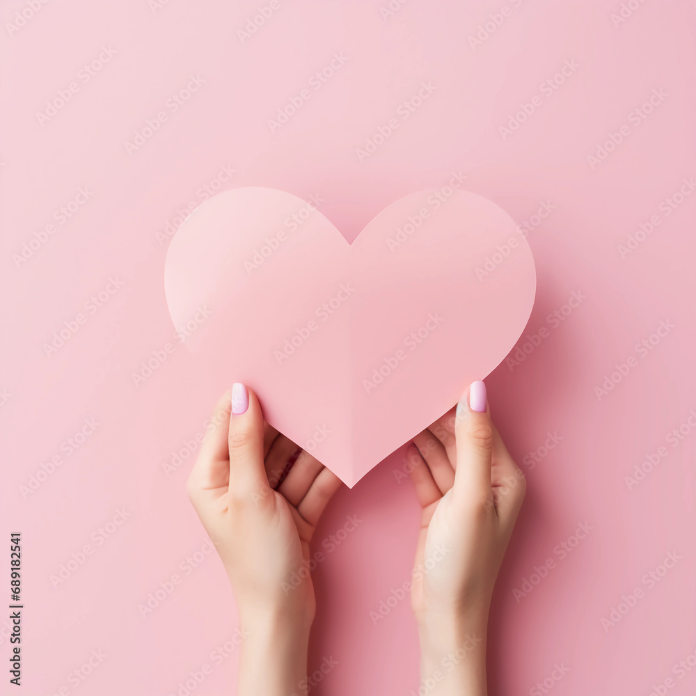 Woman hands holding pink paper heart shape for Happiness moment, Health care, Birthday card, Anniversary, Donate, Hope, Kindness, Valentine's day concept, Generative AI. Woman hands holding pink paper heart shape for Happiness moment, Health care, Birthday card, Anniversary, Donate, Hope, Kindness, Valentine's day concept, Generative AI.