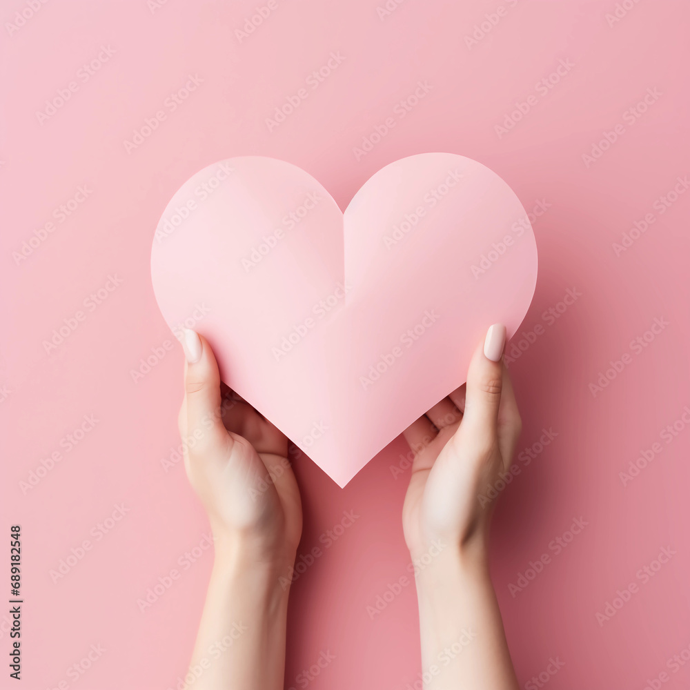 Woman hands holding pink paper heart shape for Happiness moment, Health care, Birthday card, Anniversary, Donate, Hope, Kindness, Valentine's day concept, Generative AI. Woman hands holding pink paper heart shape for Happiness moment, Health care, Birthday card, Anniversary, Donate, Hope, Kindness, Valentine's day concept, Generative AI.
