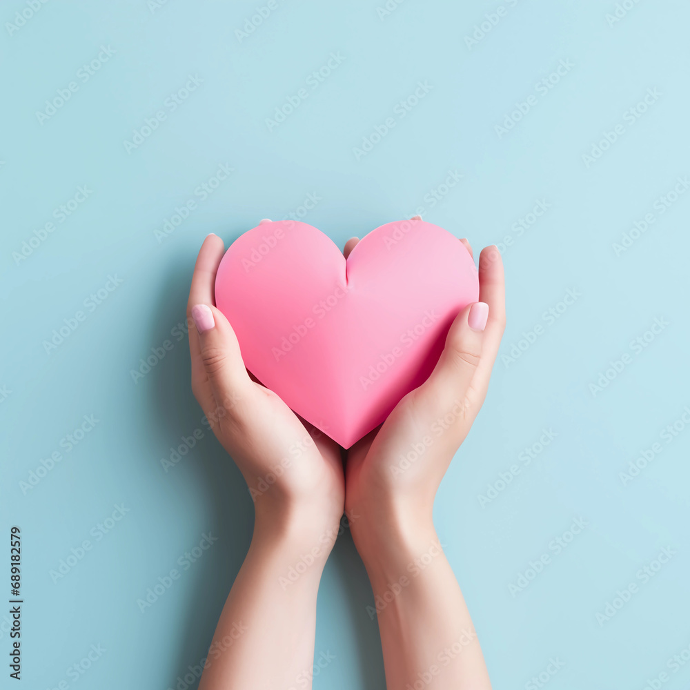 Woman hands holding pink paper heart shape for Happiness moment, Health care, Birthday card, Anniversary, Donate, Hope, Kindness, Valentine's day concept, Generative AI. Woman hands holding pink paper heart shape for Happiness moment, Health care, Birthday card, Anniversary, Donate, Hope, Kindness, Valentine's day concept, Generative AI.