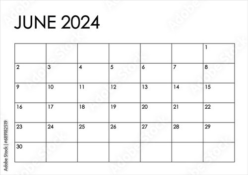 June 2024 month calendar. Simple black and white design