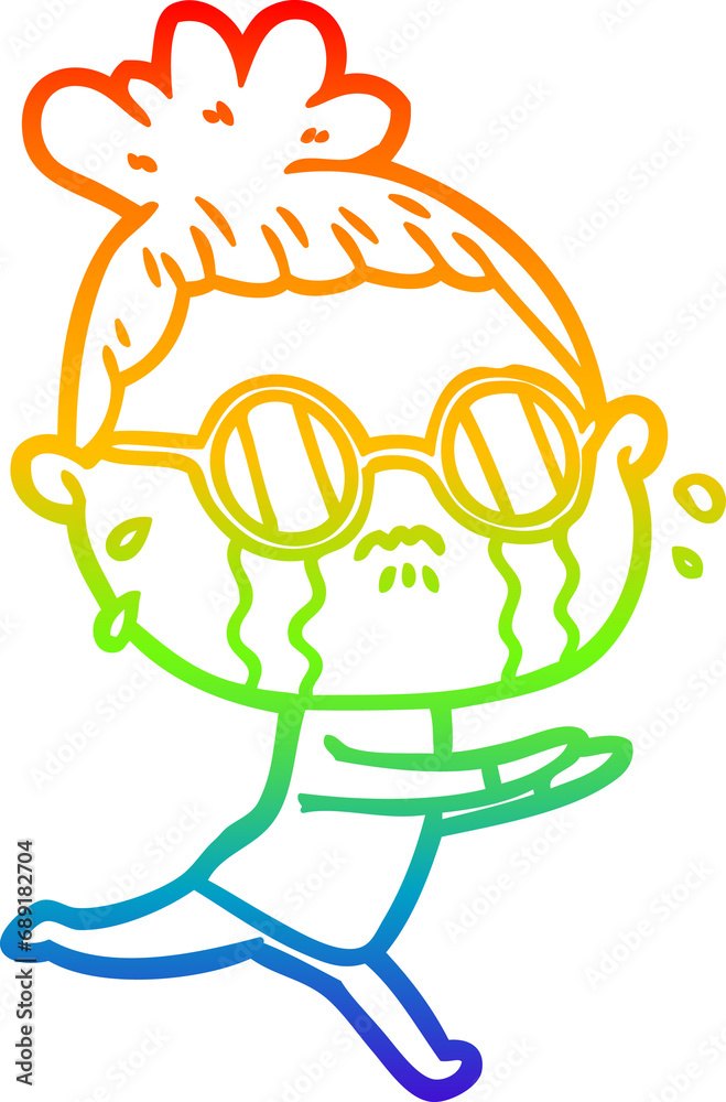 rainbow gradient line drawing of a cartoon crying woman wearing spectacles rainbow gradient line drawing of a cartoon crying woman wearing spectacles