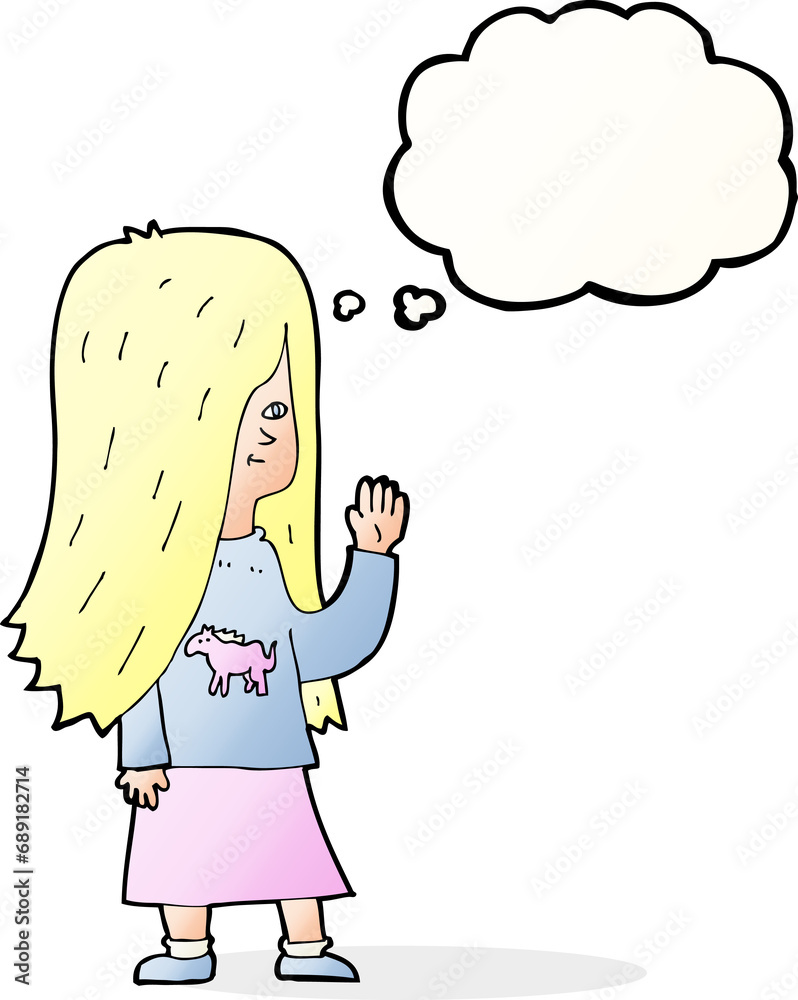 cartoon girl with pony shirt waving with thought bubble cartoon girl with pony shirt waving with thought bubble