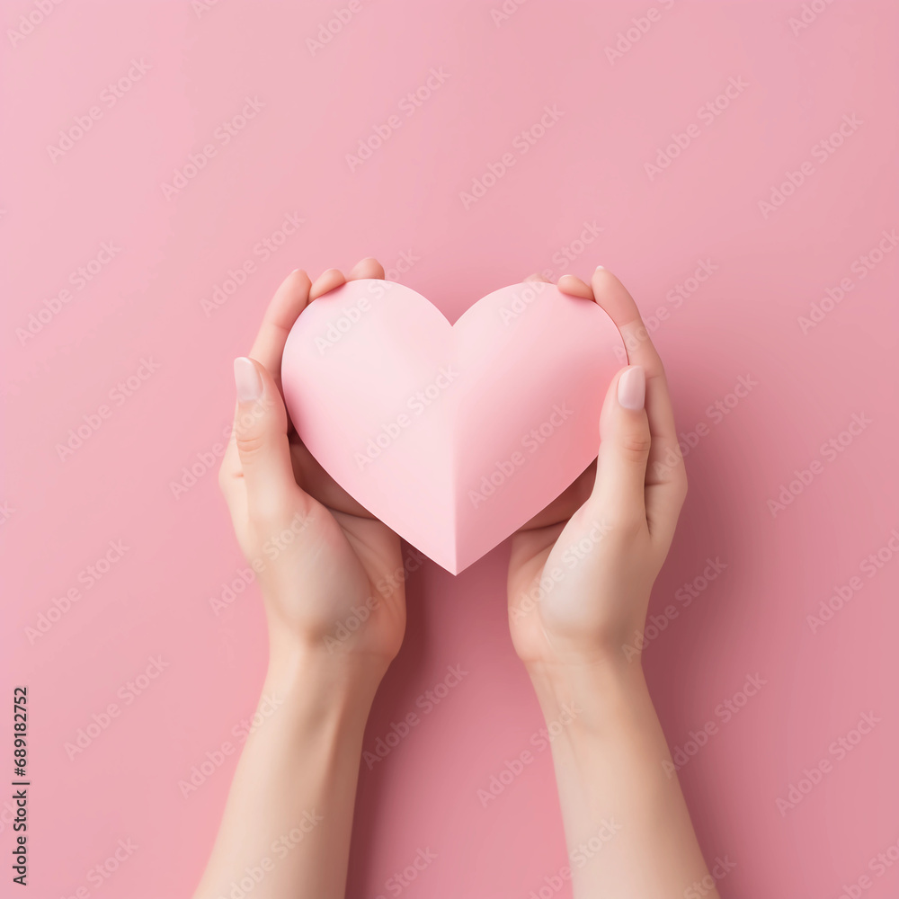 Obraz premium Woman hands holding pink paper heart shape for Happiness moment, Health care, Birthday card, Anniversary, Donate, Hope, Kindness, Valentine's day concept, Generative AI.