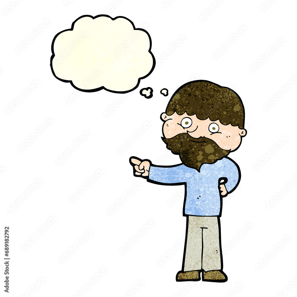 cartoon bearded man pointing with thought bubble