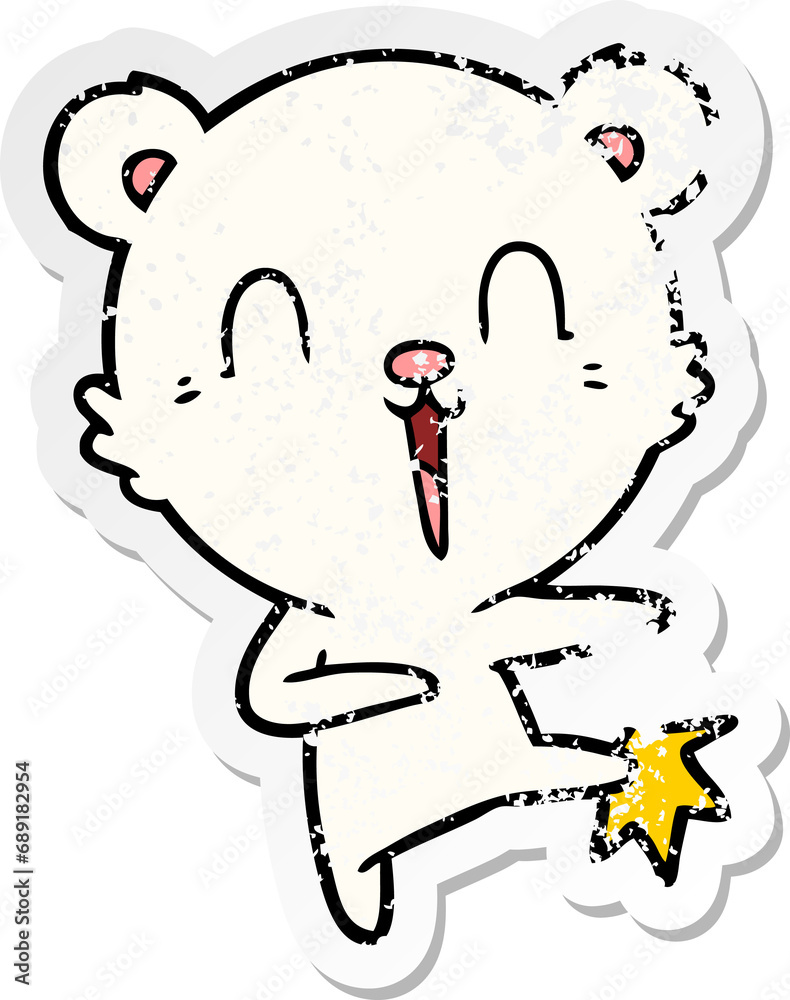 distressed sticker of a happy cartoon polar bear kicking distressed sticker of a happy cartoon polar bear kicking