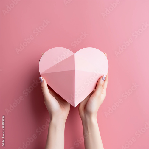 Woman hands holding pink paper heart shape for Happiness moment  Health care  Birthday card  Anniversary  Donate  Hope  Kindness  Valentine s day concept  Generative AI.