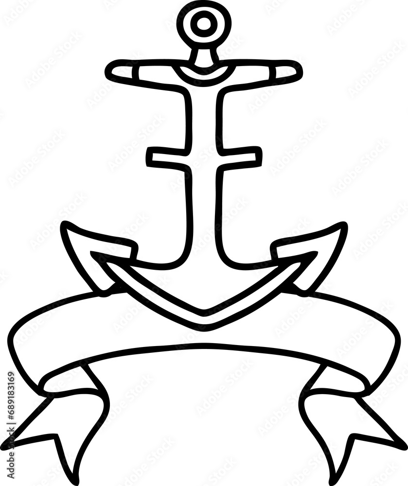 traditional black linework tattoo with banner of an anchor traditional black linework tattoo with banner of an anchor