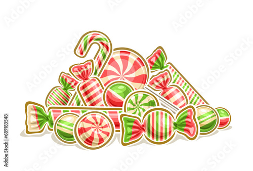 Vector logo for Kids Christmas, horizontal poster with cartoon design stack of various christmas candies, wrapping in shiny foil package, children christmas still life composition on white background