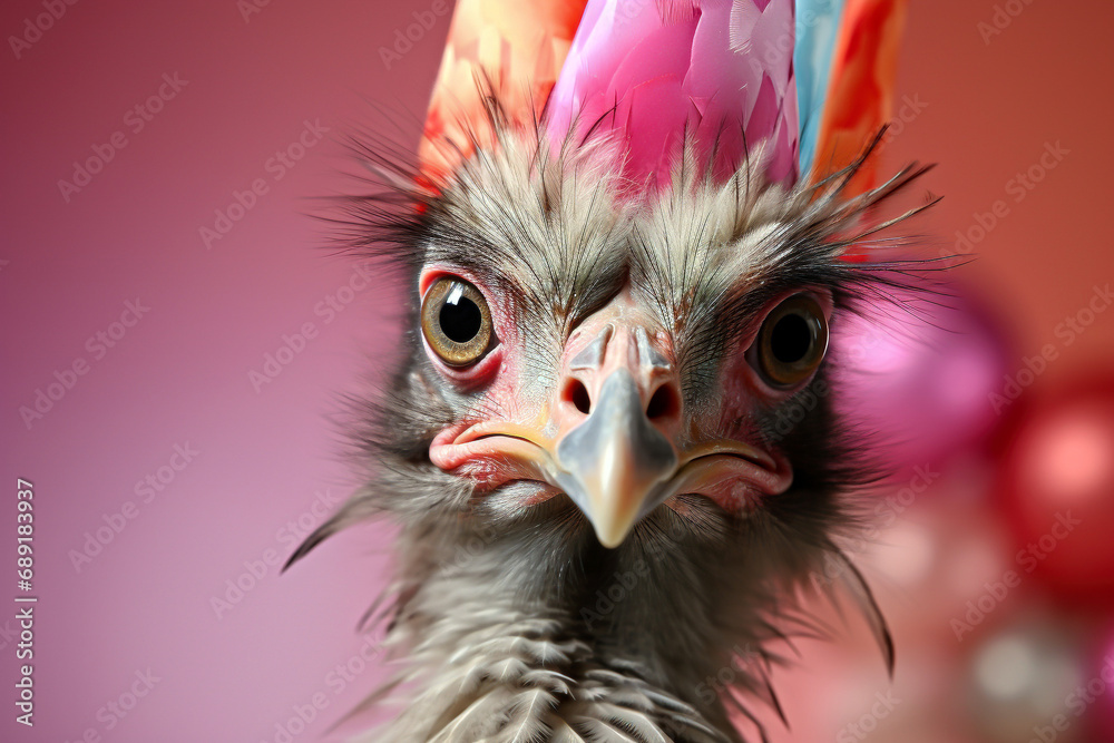 close-up portrait of a ostrich with a party hat on a pink background