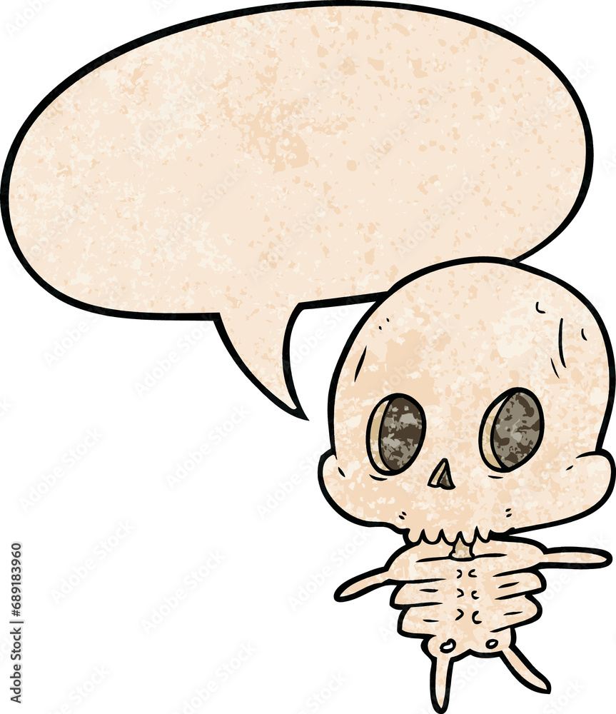 Fototapeta premium cute cartoon skeleton with speech bubble in retro texture style