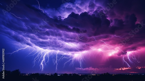 A Vibrant Sky Illuminated by Lightning. A purple and blue sky filled with lots of lightning