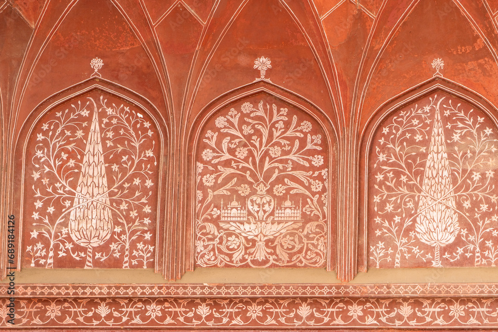 Taj Mahal Gateway Detail of architecture pattern broen white