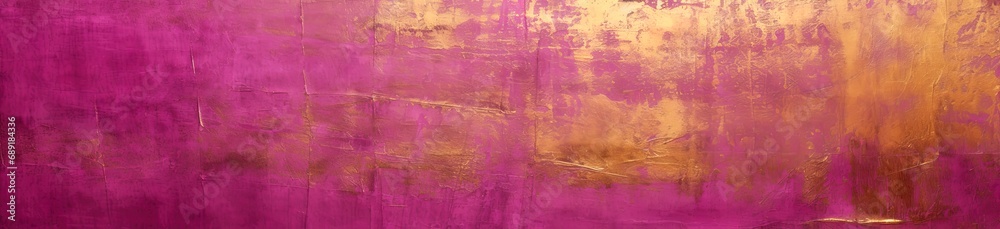 Pink magenta gold yellow distressed surface. Weathered, aged. Golden luxury elegant abstract background. Shiny, shimmer. vintage. Web banner. Wide. Panoramic