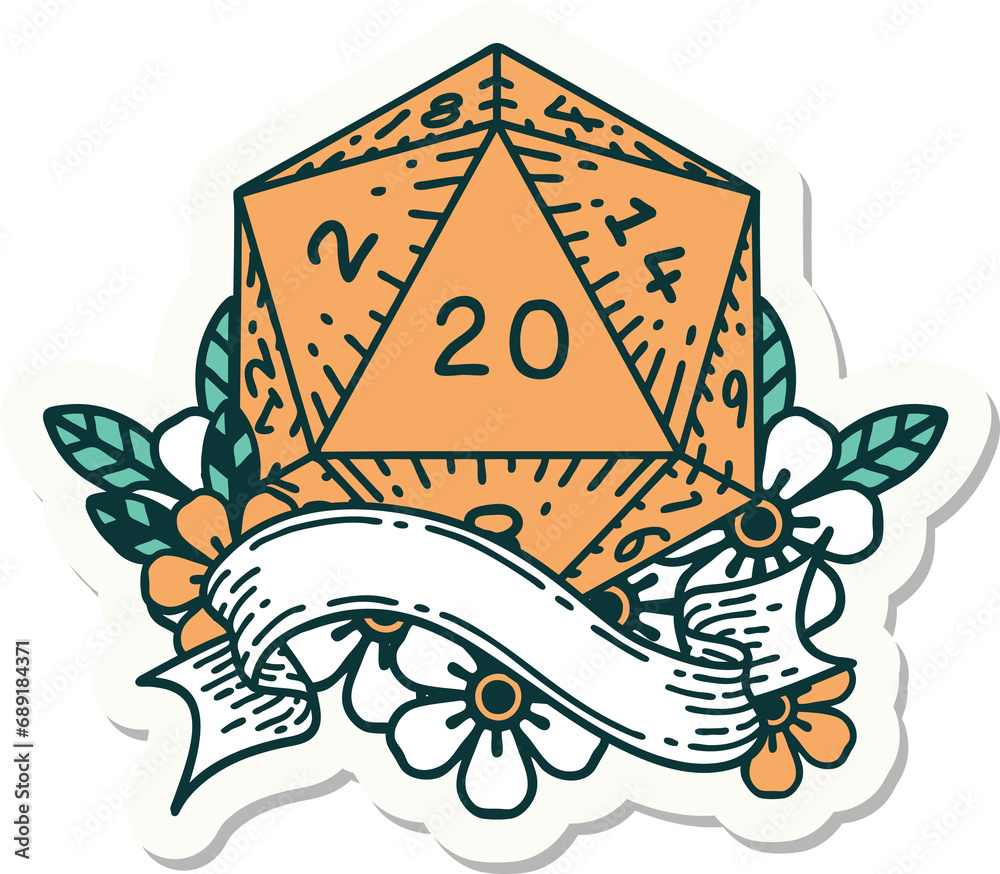 sticker of a natural twenty D20 dice roll