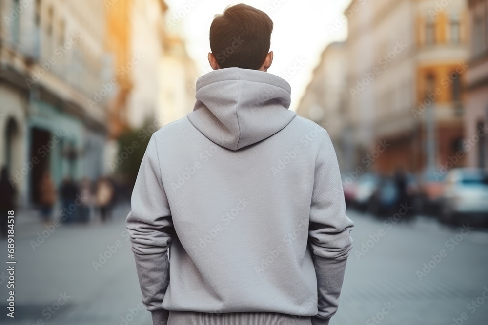 Man In Silver Hoodie On The Street, Back View, Mockup Man In Silver Hoodie On The Street, Back View, Mockup