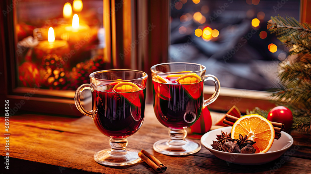 Christmas mood, Hot mulled wine on a wooden table surrounded by New Year decorations, on a blurred background Christmas mood, Hot mulled wine on a wooden table surrounded by New Year decorations, on a blurred background