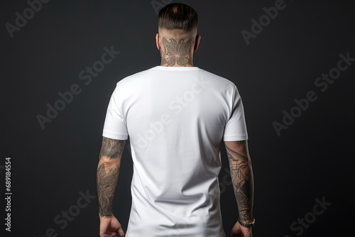 Man In White Tshirt On Black Background, Back View, Mockup