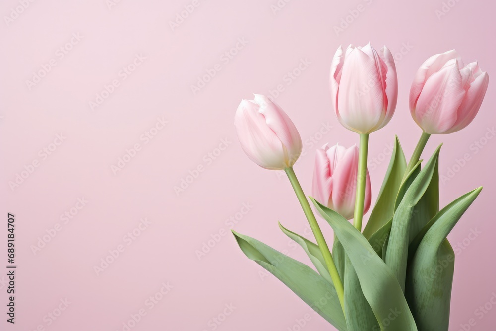 Pastel Pink Background With Bouquet Of Pink Tulip Flowers Pastel Pink Background With Bouquet Of Pink Tulip Flowers