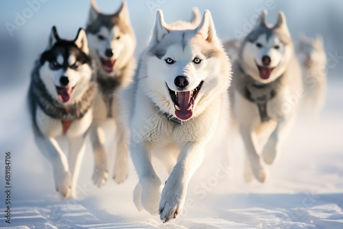 Pack Of Husky Dogs Running In A Snowy Winter Landscape