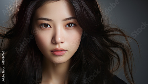 Close-up photo of Asian woman's face, youthful and beautiful,generative ai © LomaPari2021