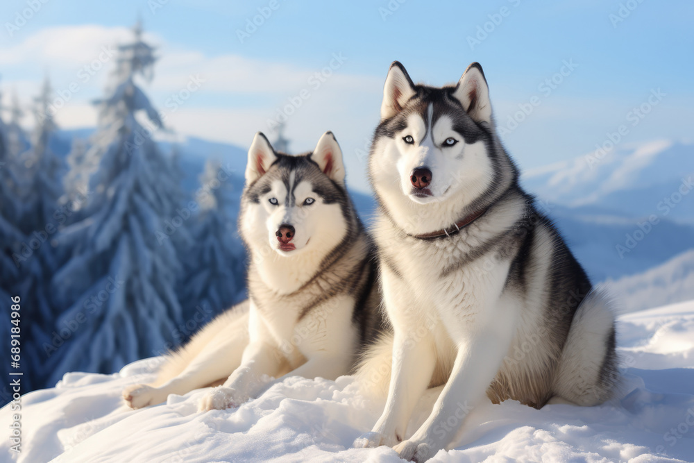 Siberian Huskies Pictured. Сoncept Landscape Photography, Pet Portraits, Majestic Dogs, Winter Wonderland Siberian Huskies Pictured. Сoncept Landscape Photography, Pet Portraits, Majestic Dogs, Winter Wonderland