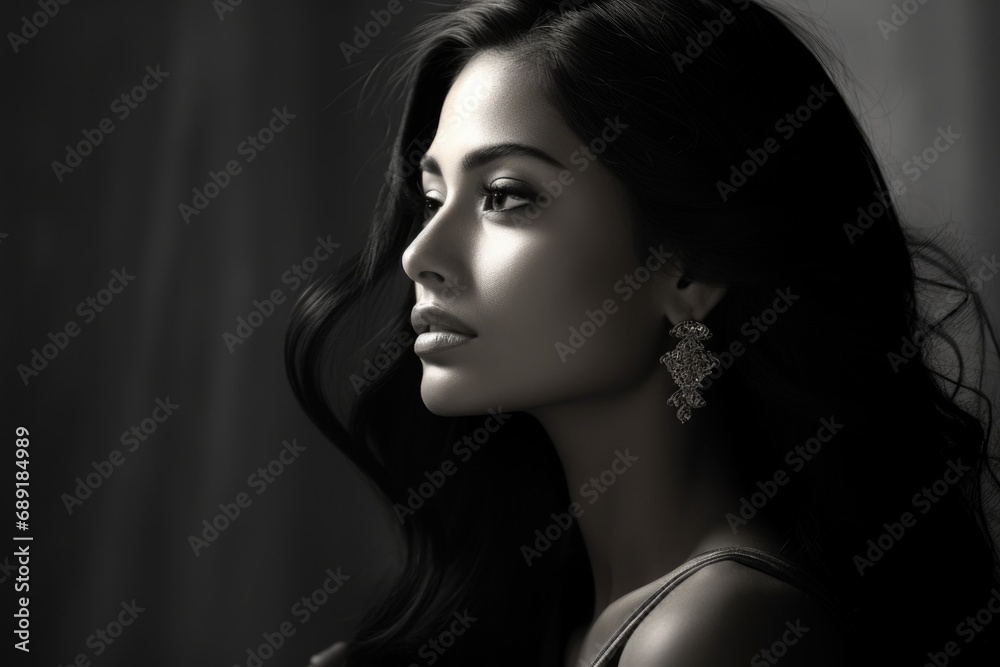 Side portrait of a beautiful female of Indian ethnicity in a desaturated colour tone