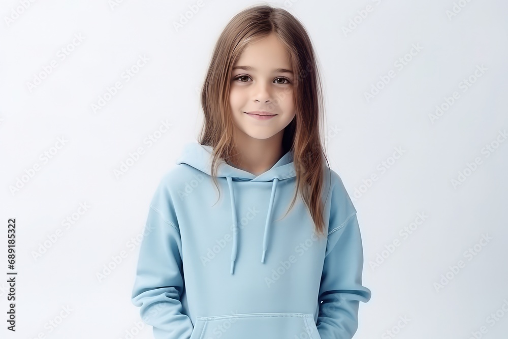 The Little Girl In Blue Hoodie On White Background, Mockup The Little Girl In Blue Hoodie On White Background, Mockup
