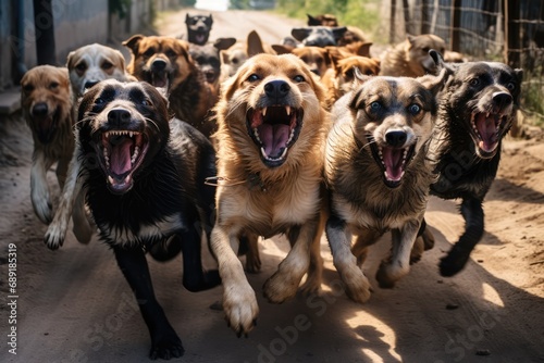 Terrifying Stray Dog Pack Attack Captured With Loud Barking. Сoncept Wildlife Safari, Dramatic Sunsets, Majestic Landscapes, Adventure Travel, Serene Beaches photo
