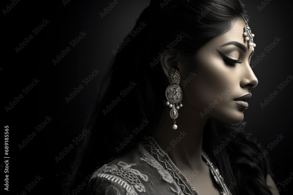 Side portrait of a beautiful female of Indian ethnicity in a desaturated colour tone - obrazy, fototapety, plakaty 