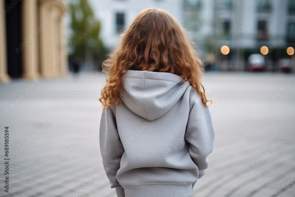The Little Girl In Silver Hoodie On The Street, Back View, Mockup The Little Girl In Silver Hoodie On The Street, Back View, Mockup