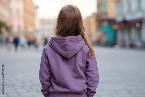 The Little Girl In Purple Hoodie On The Street, Back View, Mockup