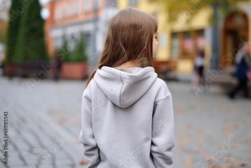 The Little Girl In Silver Hoodie On The Street, Back View, Mockup