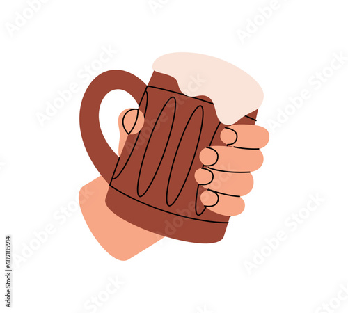 Hand holding a beer mug. Beer pub product. Brewing process, brewery factory production element. Vector illustration.