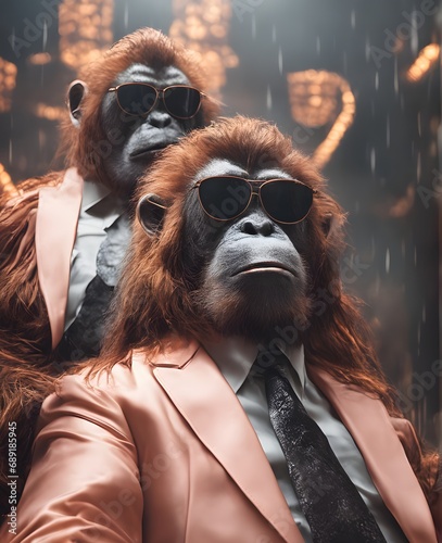 Orangutan in mafia boss style, Anthropomorphic animals, Portrait photography, AI generated image.