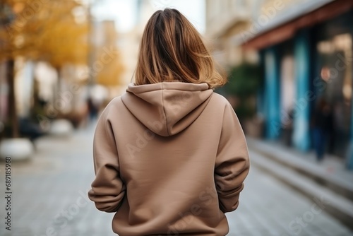 Woman In Brown Hoodie On The Street, Back View, Mockup © Anastasiia