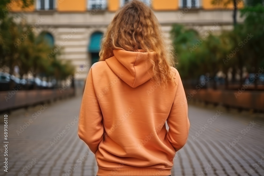Woman In Orange Hoodie On The Street, Back View, Mockup