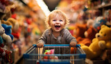 Joyful baby explores endless toddler supplies in a superstore.generative ai