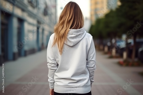 Woman In White Hoodie On The Street, Back View, Mockup