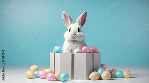 the Easter Bunny sits in a gift box surrounded by Easter eggs © Алла Морозова