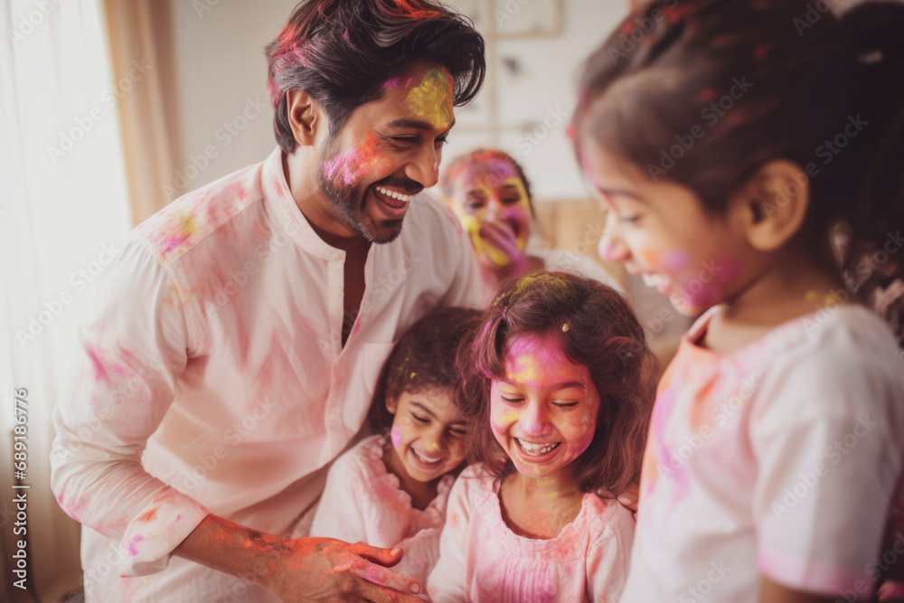Members of an Indian family celebrating Holi festival with colours