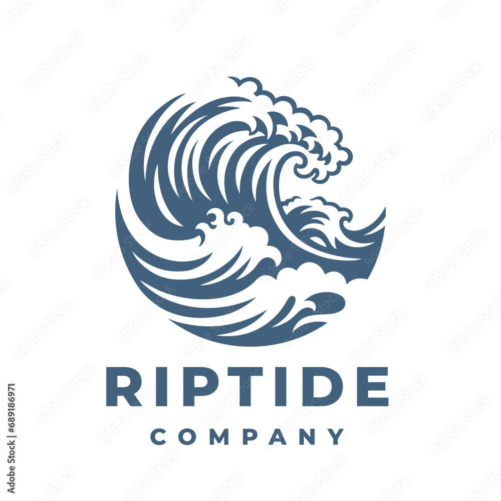 Breaking wave logo. Tidal riptide surfing icon. Crashing coastal surf emblem. Ocean marine sea water nature vector illustration. Breaking wave logo. Tidal riptide surfing icon. Crashing coastal surf emblem. Ocean marine sea water nature vector illustration.